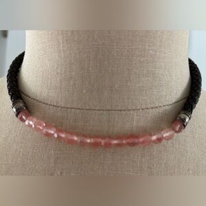 Woven Brown Leather Necklace With Pink Beads, Adjustable Sizes.